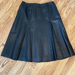 Black Leather A-Line Skirt with Panel Stitching